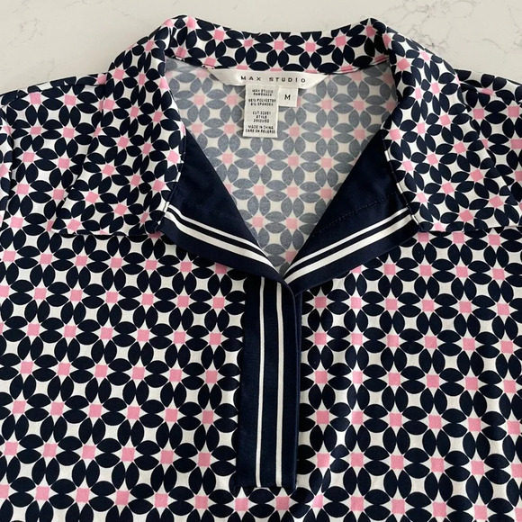 Max Studio 3/4 Sleeve Geometric Print Polyester Blend Dress Navy Wht Pink Sz M - Picture 3 of 12